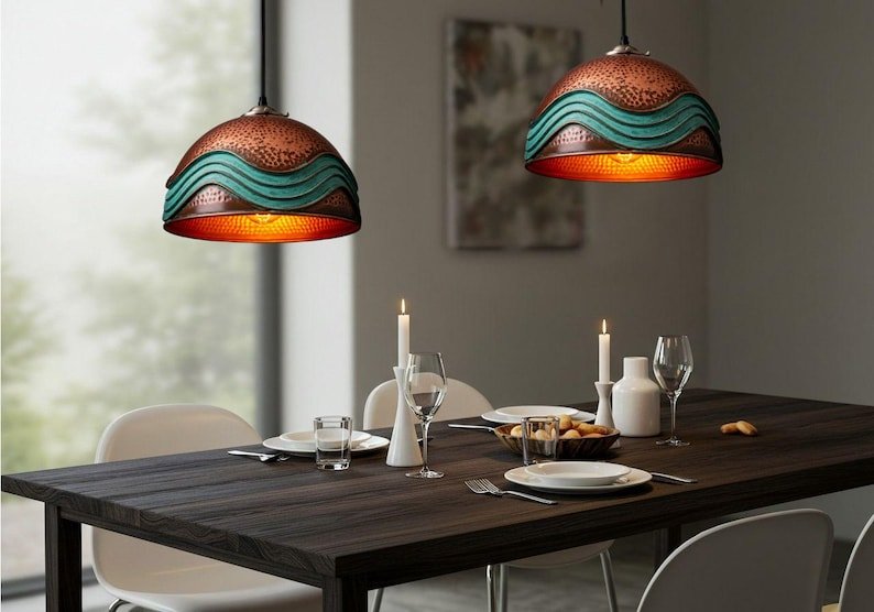 Handmade Moroccan Copper Pendant Light: Green Patina Industrial Hanging Lamp