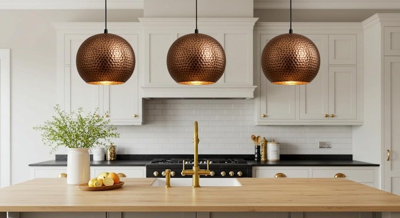 Hammered Copper Dome Pendant Lamp: Industrial Kitchen Lighting
