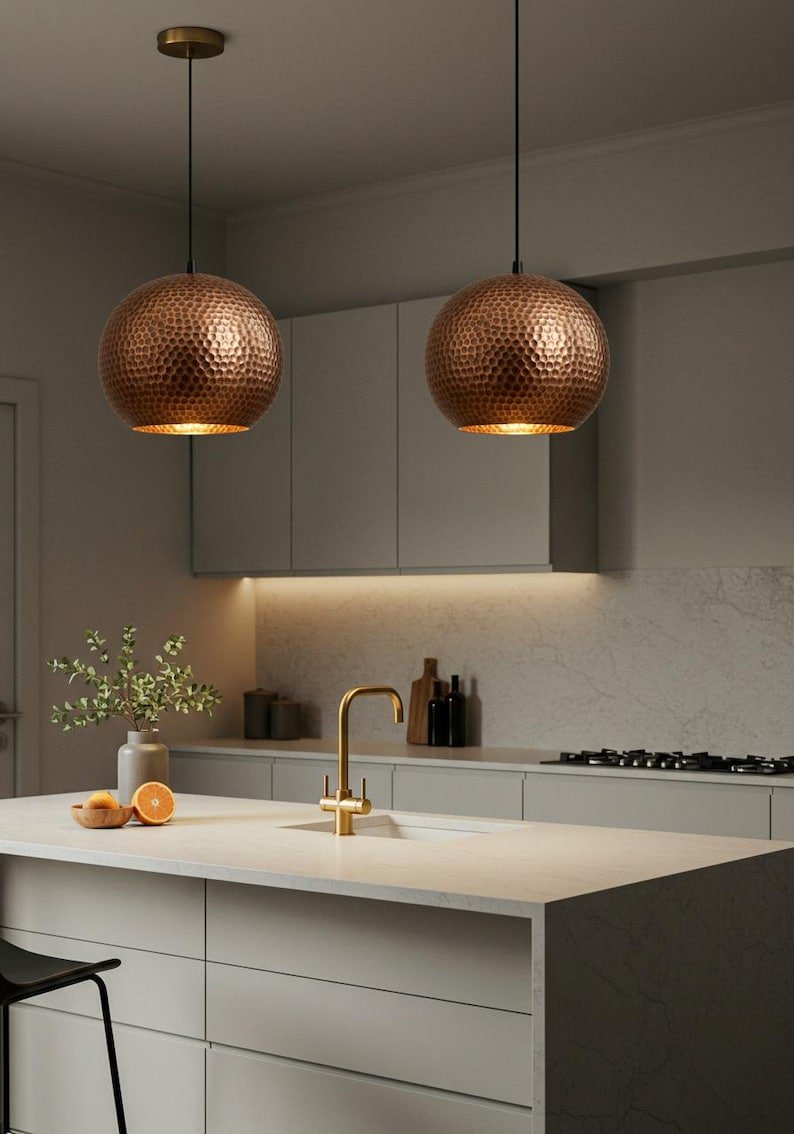 Hammered Copper Dome Pendant Lamp: Industrial Kitchen Lighting