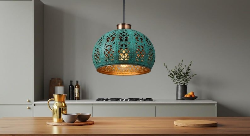 Handmade Copper Dome Pendant Light: Green Patina, Industrial Style Handmade Copper Dome Pendant Light: Green Patina, Industrial Style