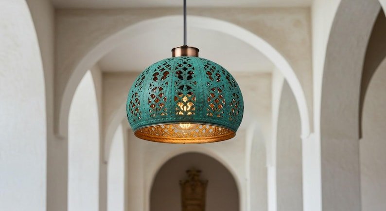 Handmade Copper Dome Pendant Light: Green Patina, Industrial Style Handmade Copper Dome Pendant Light: Green Patina, Industrial Style