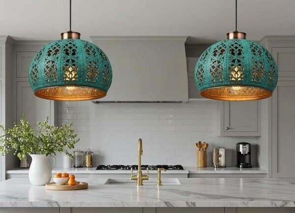 Set of 2 Turquoise Patina Moroccan Cutout Dome Pendant Lights