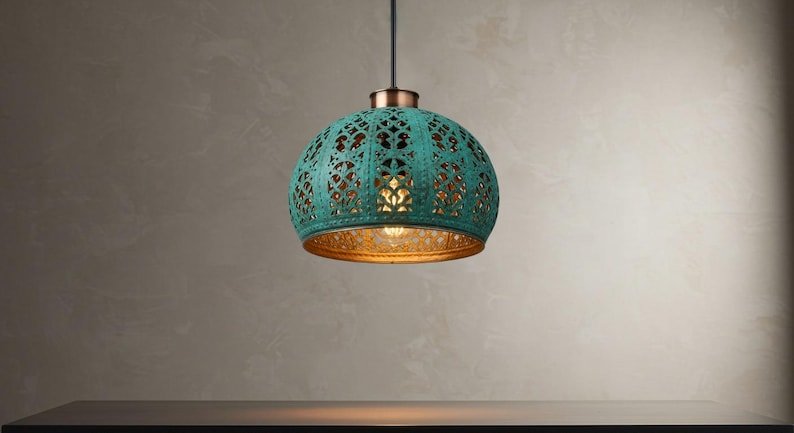 Handmade Copper Dome Pendant Light: Green Patina, Industrial Style Handmade Copper Dome Pendant Light: Green Patina, Industrial Style