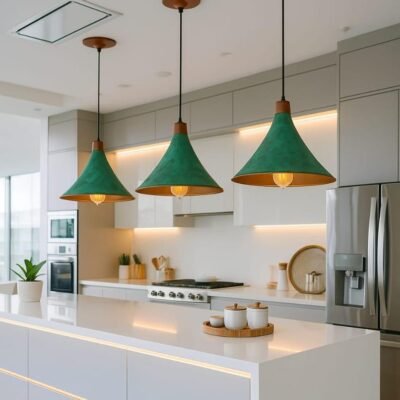 Set of 3 Oxidized Copper Pendant Light – Green Patina Brass Ceiling Lamp, Handmade Kitchen Island Lighting, Rustic Dining Room Decor