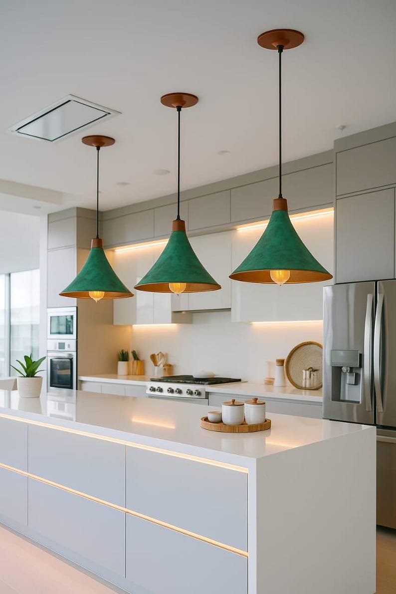 Set of 3 Oxidized Copper Pendant Light – Green Patina Brass Ceiling Lamp, Handmade Kitchen Island Lighting, Rustic Dining Room Decor