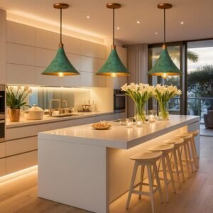 Green Patina Copper Cone Pendant Light Handmade Modern Rustic Island Lamp