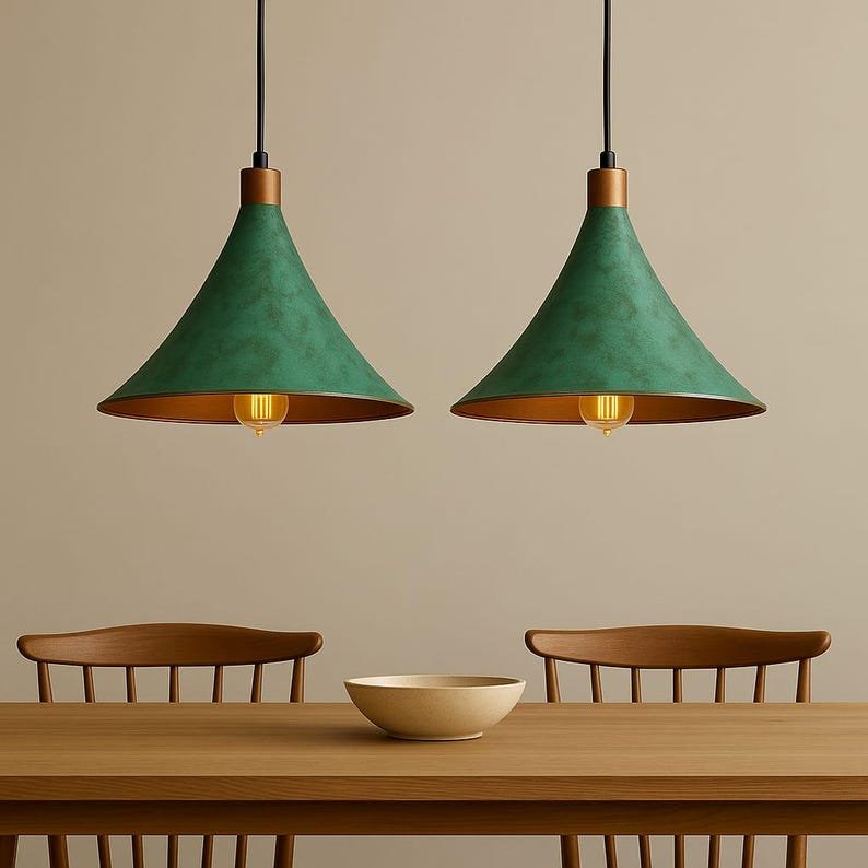 Set of 3 Oxidized Copper Pendant Light – Green Patina Brass Ceiling Lamp, Handmade Kitchen Island Lighting, Rustic Dining Room Decor