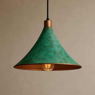 Green Patina Copper Cone Pendant Light Handmade Modern Rustic Island Lamp