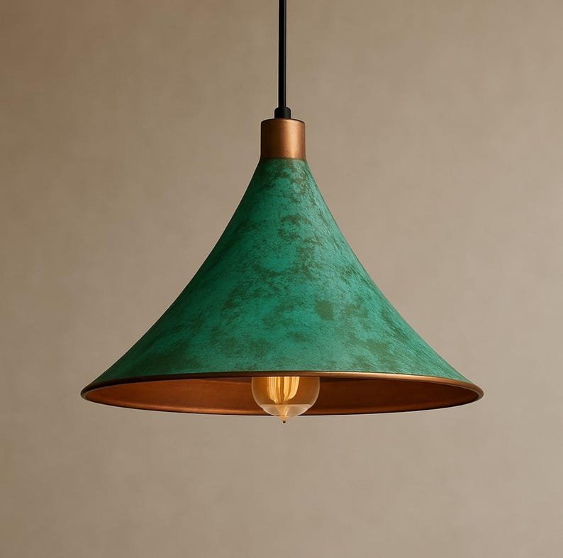 Green Patina Copper Cone Pendant Light Handmade Modern Rustic Island Lamp