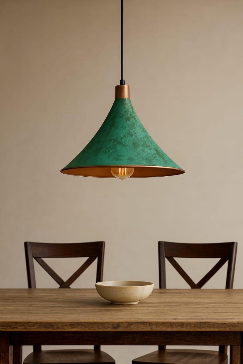 Set of 3 Oxidized Copper Pendant Light – Green Patina Brass Ceiling Lamp, Handmade Kitchen Island Lighting, Rustic Dining Room Decor