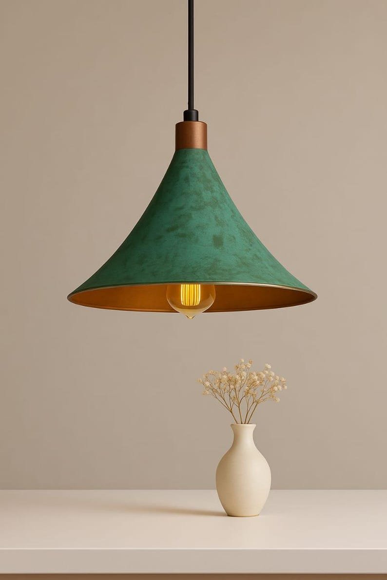 Set of 3 Oxidized Copper Pendant Light – Green Patina Brass Ceiling Lamp, Handmade Kitchen Island Lighting, Rustic Dining Room Decor