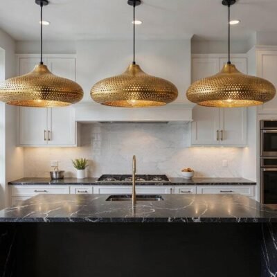 products-KitchenIslandLighting3 Set of 3 Brass Perforated Disc Pendant Lights