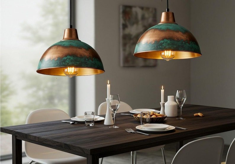Handmade Moroccan Copper Pendant Light: Green Patina Dome Lamp Handmade Moroccan Copper Pendant Light: Green Patina Dome Lamp