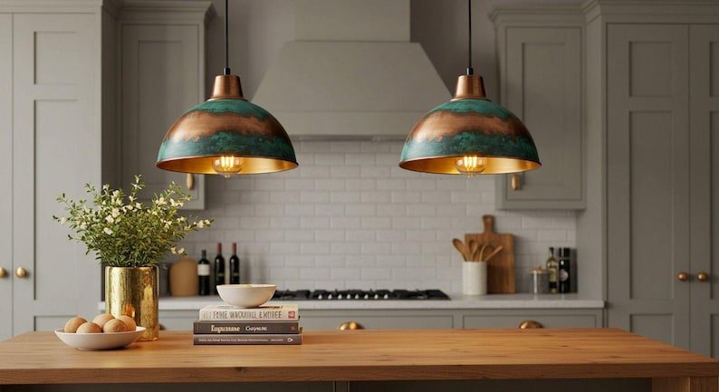 Handmade Moroccan Copper Pendant Light: Green Patina Dome Lamp Handmade Moroccan Copper Pendant Light: Green Patina Dome Lamp