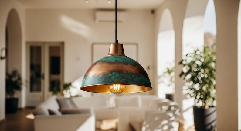 Handmade Moroccan Copper Pendant Light: Green Patina Dome Lamp Handmade Moroccan Copper Pendant Light: Green Patina Dome Lamp