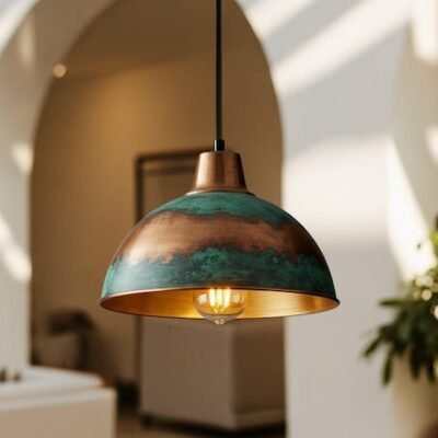 Handmade Moroccan Copper Pendant Light: Green Patina Dome Lamp Handmade Moroccan Copper Pendant Light: Green Patina Dome Lamp