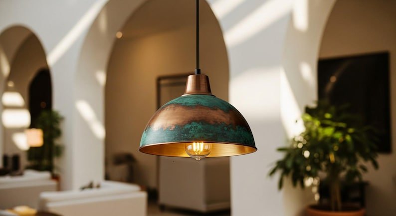 Handmade Moroccan Copper Pendant Light: Green Patina Dome Lamp Handmade Moroccan Copper Pendant Light: Green Patina Dome Lamp