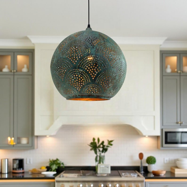Handmade Green Patina Globe Pendant Perforated Rustic Kitchen Ceiling Light