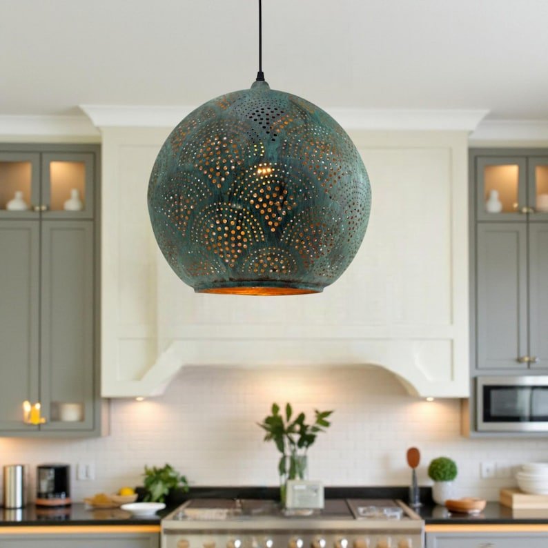 Oxidized Copper Kitchen Island Light – Handmade Perforated Hanging Globe Lamp for Rustic Decor