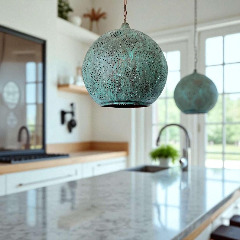 Oxidized Copper Kitchen Island Light – Handmade Perforated Hanging Globe Lamp for Rustic Decor