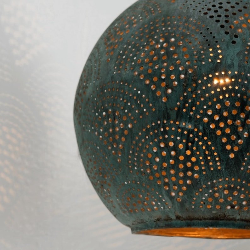 Oxidized Copper Kitchen Island Light – Handmade Perforated Hanging Globe Lamp for Rustic Decor