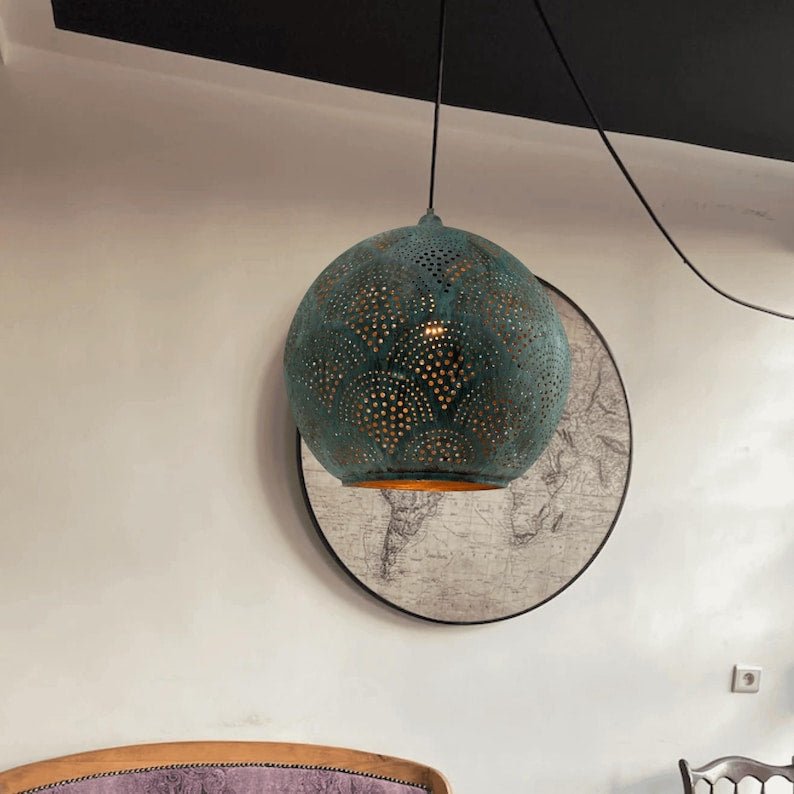 Oxidized Copper Kitchen Island Light – Handmade Perforated Hanging Globe Lamp for Rustic Decor
