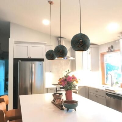 Oxidized Copper Kitchen Island Light – Handmade Perforated Hanging Globe Lamp for Rustic Decor