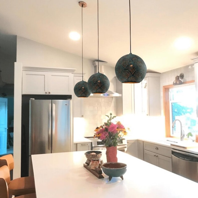 Oxidized Copper Kitchen Island Light – Handmade Perforated Hanging Globe Lamp for Rustic Decor