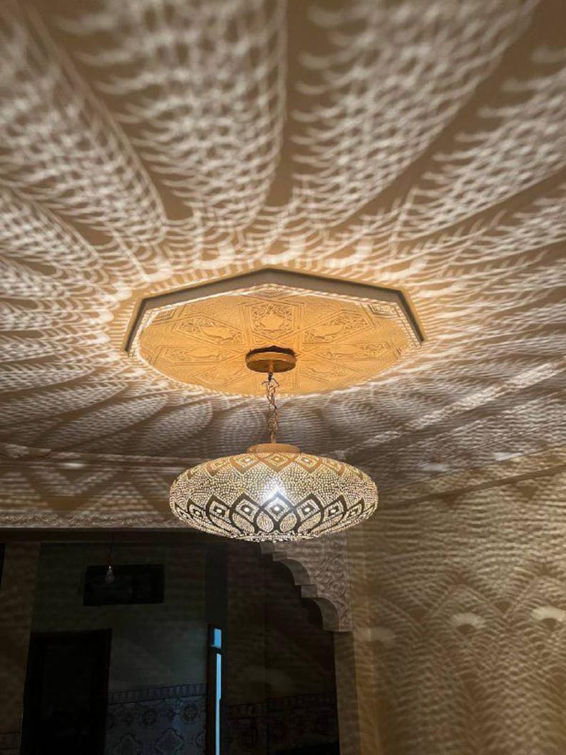 Moroccan Brass Dome Pendant Light Wide Hand-Pierced Lampshade
