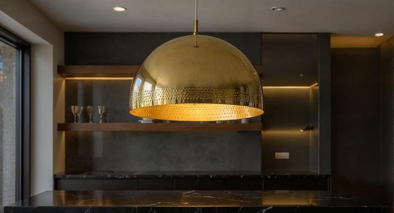 Large Brass Dome Pendant Lamp: Moroccan Perforated Ceiling Light Large Brass Dome Pendant Lamp: Moroccan Perforated Ceiling Light