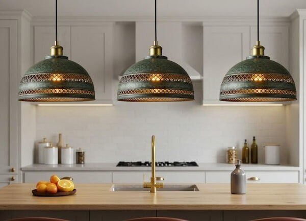 Set of 3 Green Patina Copper Dome Pendant Lights