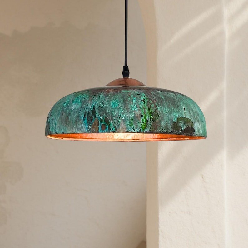 Green Copper Farmhouse Light,Green Patina Copper Pendant Lamp, HandCrafted Rustic Copper Island Light, Rustic Dome Pendant Light Fixture