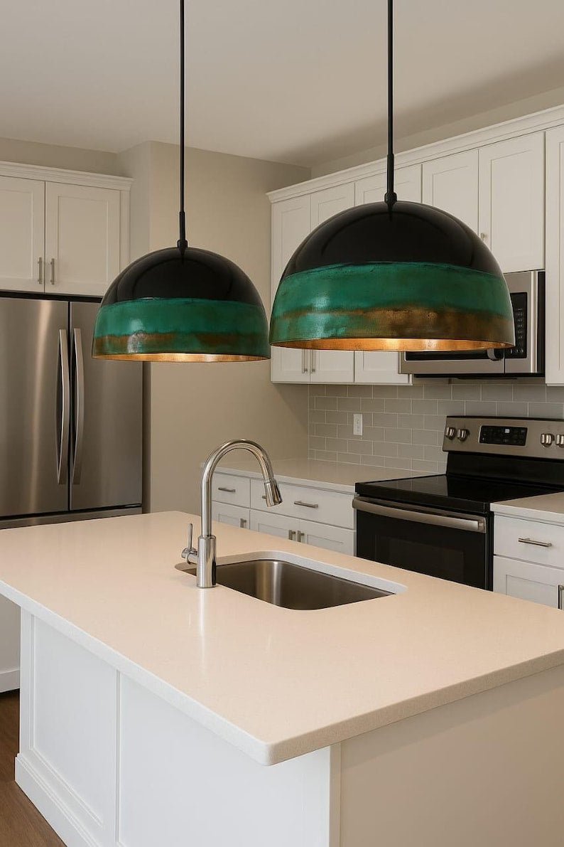 Handcrafted Green Patina Copper Pendant Light - Rustic Island Lighting Handcrafted Green Patina Copper Pendant Light - Rustic Island Lighting