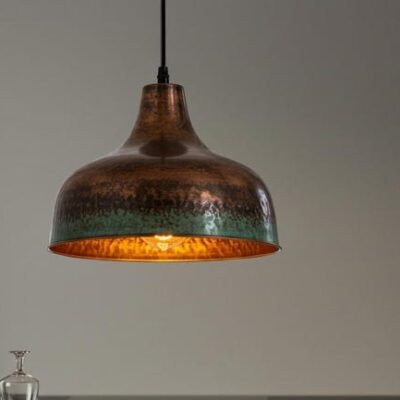 Hammered Copper Pendant Lights with Green Patina Edge | Rustic Industrial Kitchen Island Lighting