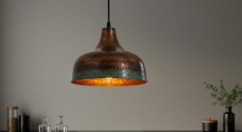 Hammered Copper Pendant Lights with Green Patina Edge | Rustic Industrial Kitchen Island Lighting