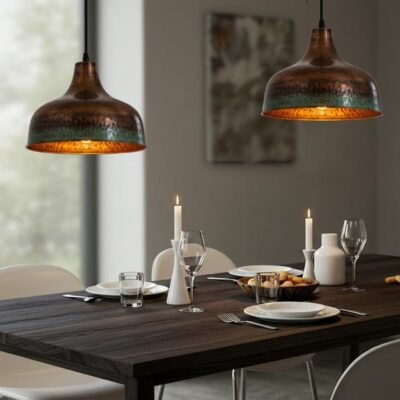 Hammered Copper Pendant Lights with Green Patina Edge | Rustic Industrial Kitchen Island Lighting