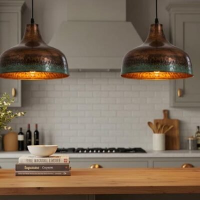 Hammered Copper Pendant Lights with Green Patina Edge | Rustic Industrial Kitchen Island Lighting