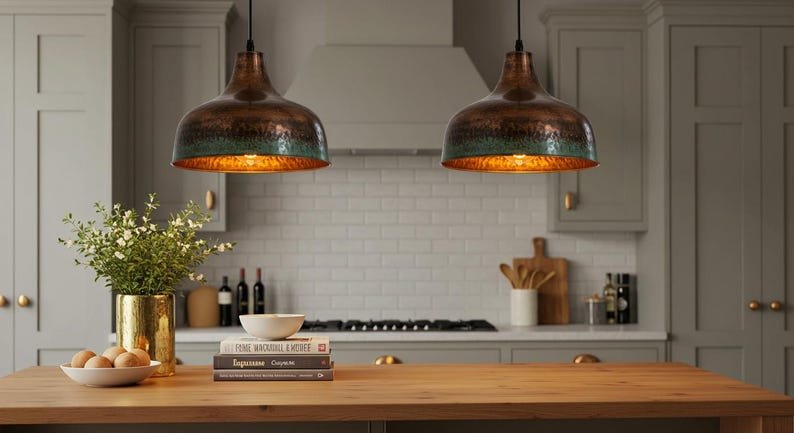 Hammered Copper Pendant Lights with Green Patina Edge | Rustic Industrial Kitchen Island Lighting