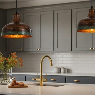 Hammered Copper Pendant Lights with Green Patina Edge | Rustic Industrial Kitchen Island Lighting