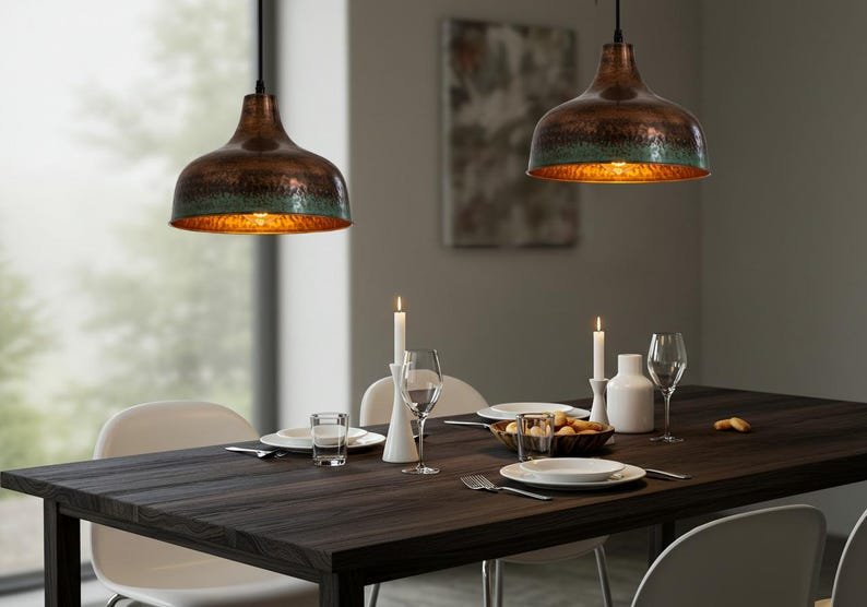 Hammered Copper Pendant Lights with Green Patina Edge | Rustic Industrial Kitchen Island Lighting