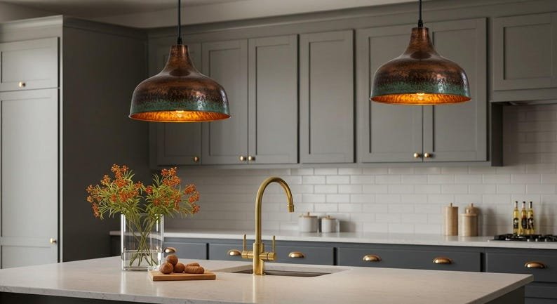 Hammered Copper Pendant Lights with Green Patina Edge | Rustic Industrial Kitchen Island Lighting