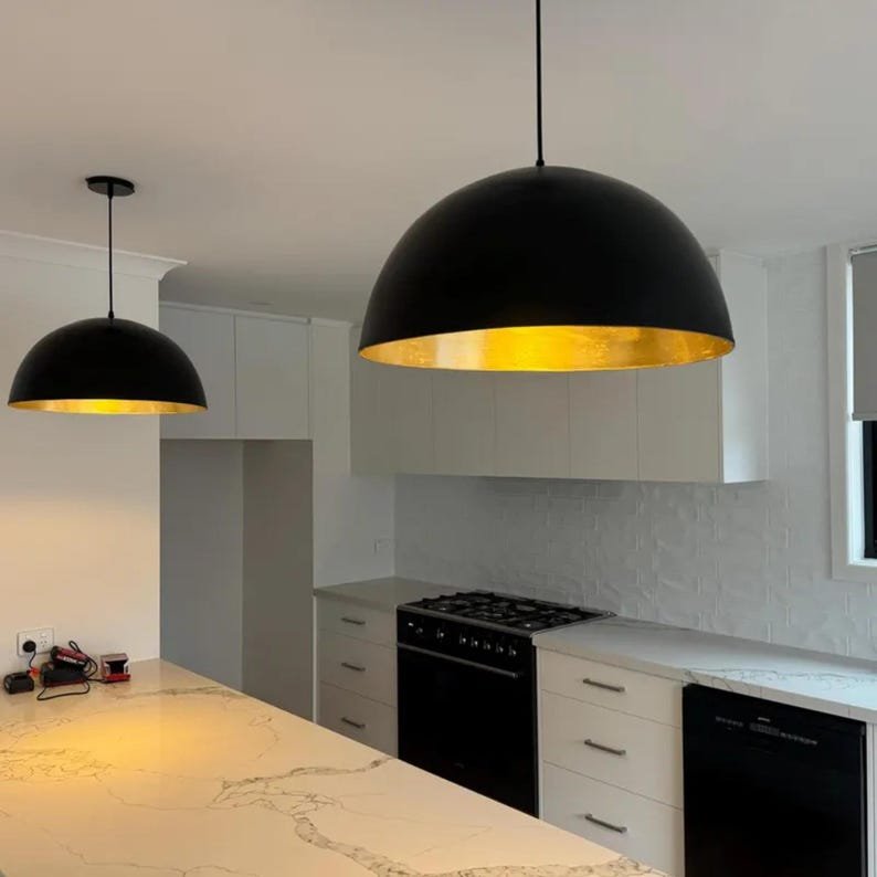 Black Brass Dome Pendant Light–Handmade Moroccan Ceiling Fixtures-Adjustable Cord & Chain–Kitchen,Dining Room,Living Room Lighting