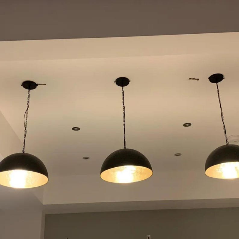 Black Brass Dome Pendant Light–Handmade Moroccan Ceiling Fixtures-Adjustable Cord & Chain–Kitchen,Dining Room,Living Room Lighting