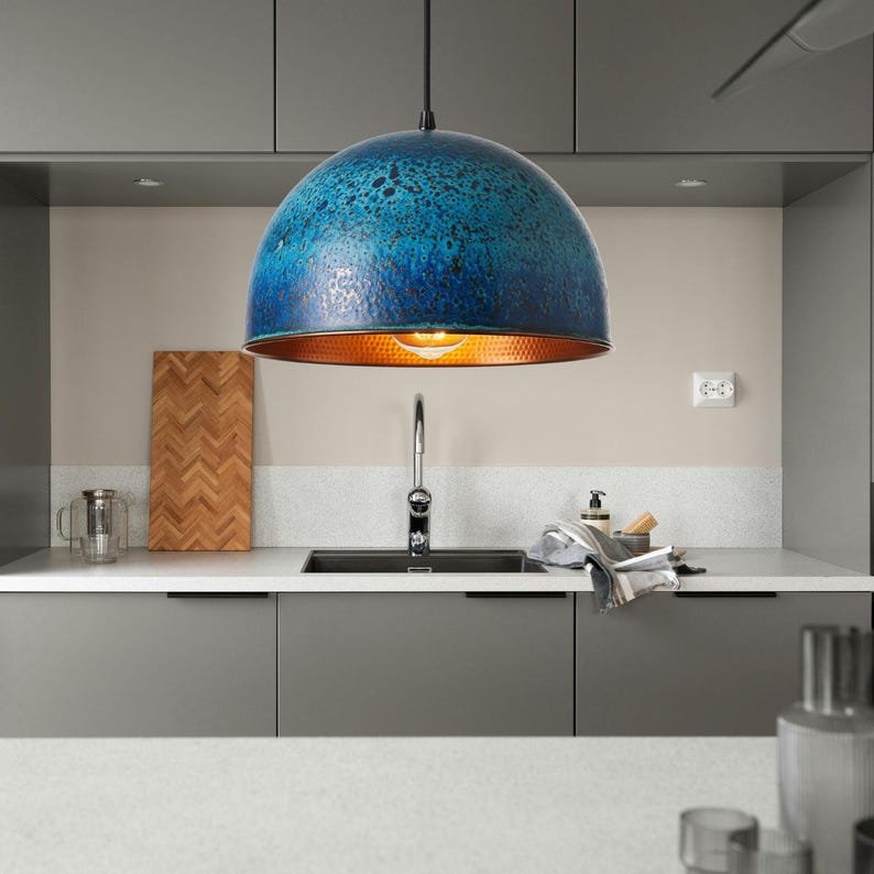 Blue Patina Dome Pendant, Textured Copper Lamp, Modern Coastal Lighting, Minimalist Kitchen Pendant Blue Patina Dome Pendant, Textured Copper Lamp, Modern Coastal Lighting, Minimalist Kitchen Pendant
