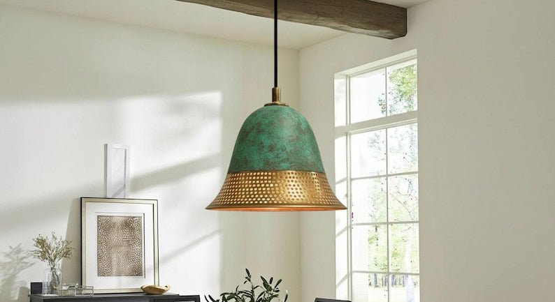 Handmade Green Patina Bell Pendant Perforated Copper Ceiling Light