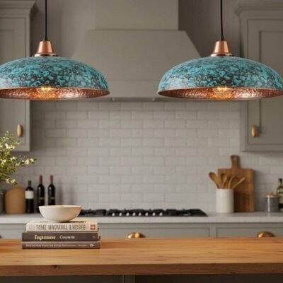 Set of 2 Turquoise Patina Copper Pendant Lights