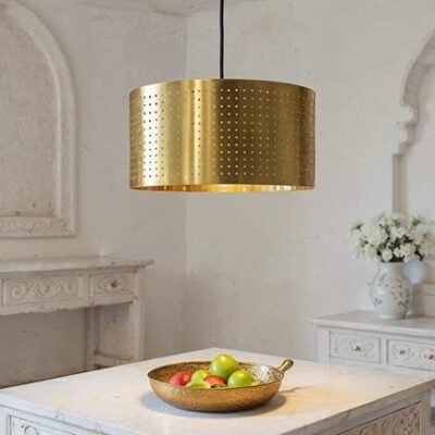 Pierced Brass Drum Pendant Light Handcrafted Moroccan Ceiling Lamp