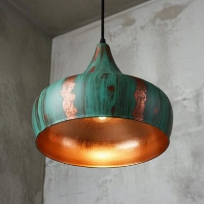 Handcrafted Copper Pendant Light: Green Patina Dome, Moroccan Style