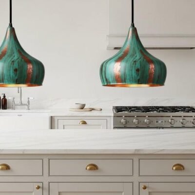 Handcrafted Copper Pendant Light: Green Patina Dome, Moroccan Style