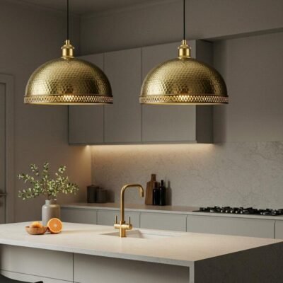 products-MoroccanStyleHangingLamp4 Set of 2 Hammered Brass Dome Pendant Lights